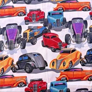 Vintage Alexander Henry Fabric 2003 Chop Top Hot Rods 1 yard White Multicolor